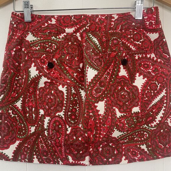J. CREW Sz 0 Cotton Blend Paisley Mini Skirt Pockets Red/Green Holiday Fall - Picture 8 of 16